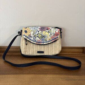 Sakroots Woven Jute Floral Canvas Navy Blue Faux Leather Pacific Mini Crossbody
